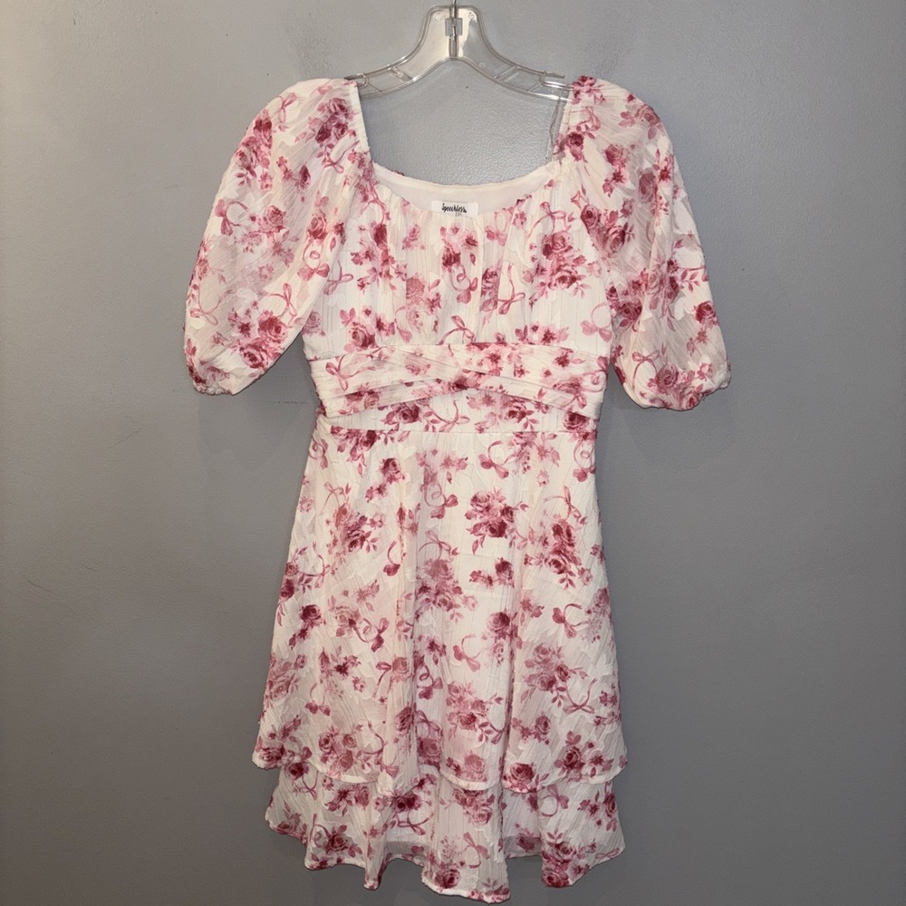 Speechless Girls White Pink Floral Chiffon Dress tiered layered ruffle Size 16
